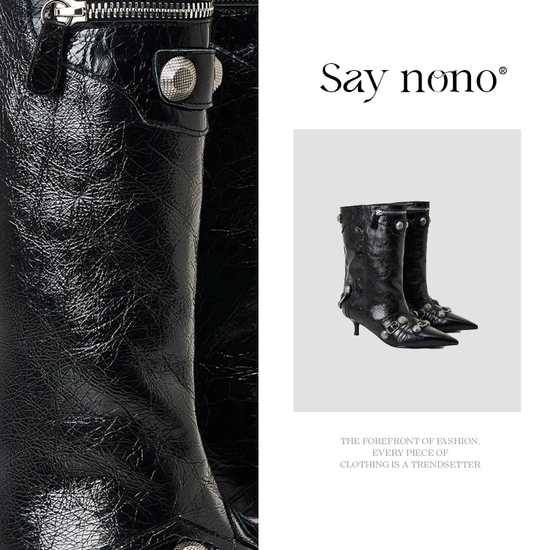 Say  nono  尖头铆钉皮带扣朋克骑士酷潮时装靴4.5cm