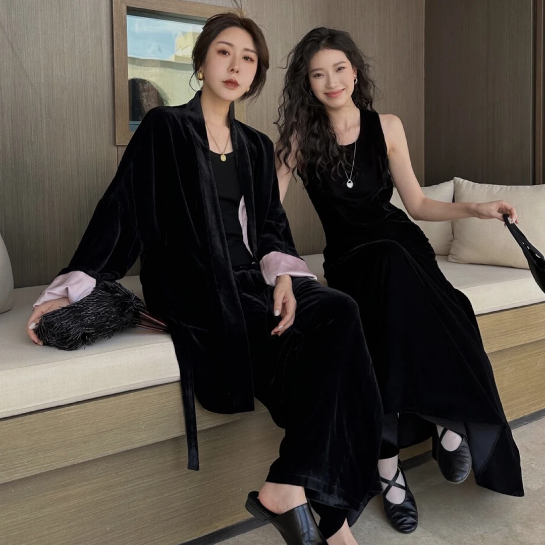 丝绒浴袍风外套休闲秋冬新款国风改良系带极简v领