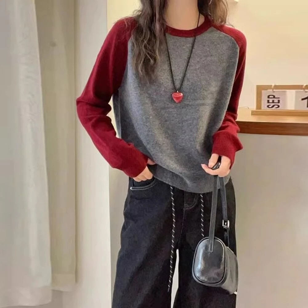 圆领拼色插肩袖宽松长袖打底衫女秋冬新款内搭显瘦保暖针织毛衣潮