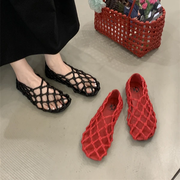 【官方正品&香港SHOP】法式时尚编织网面镂空平底圆头凉鞋2025夏