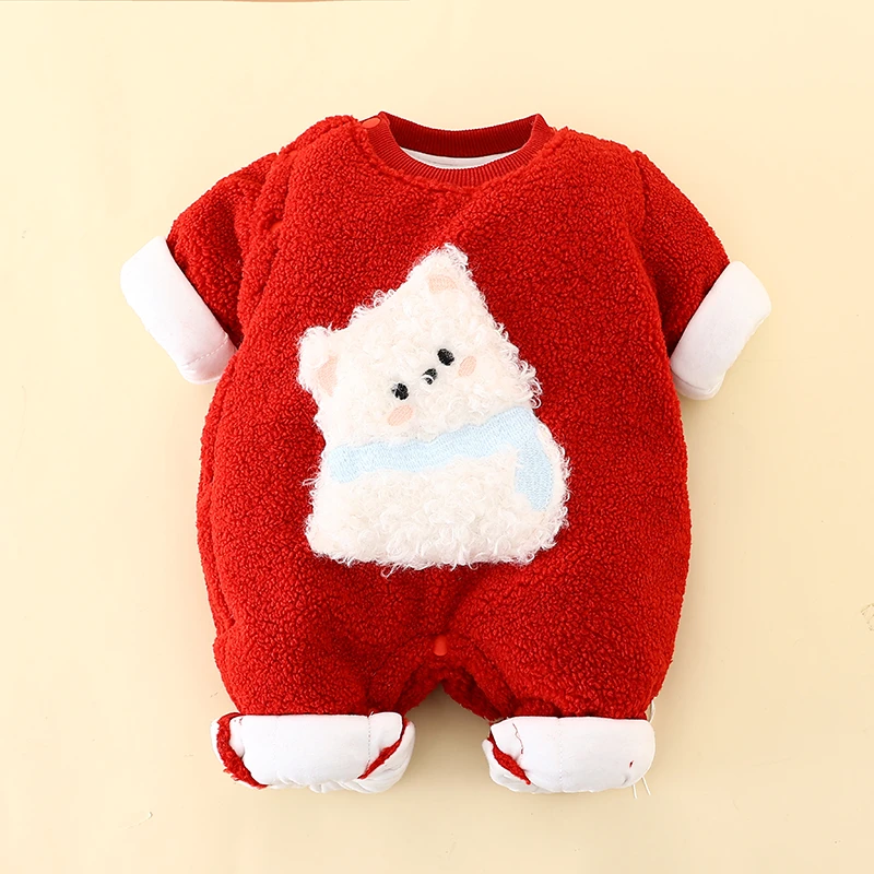 300g酒红围巾小熊连体衣宝宝加绒夹棉保暖婴儿无骨闭裆加厚冬款