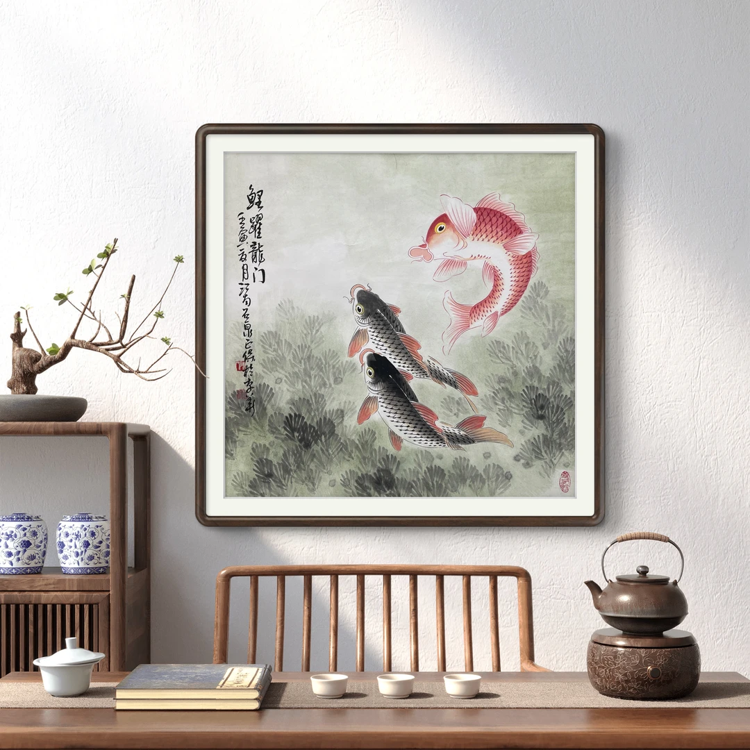 精品纯手绘国画-鲤鱼图（四尺斗方85*85）新中式国画 挂画
