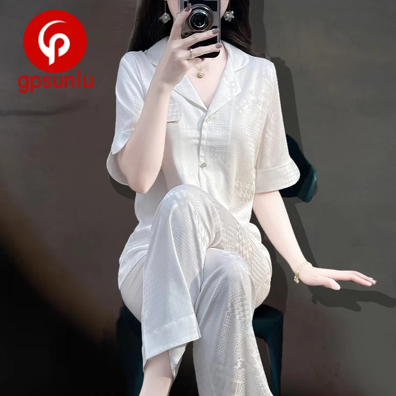 GPSUNLU提花轻奢白色睡衣女夏季短袖长裤家居服简约休闲可外穿