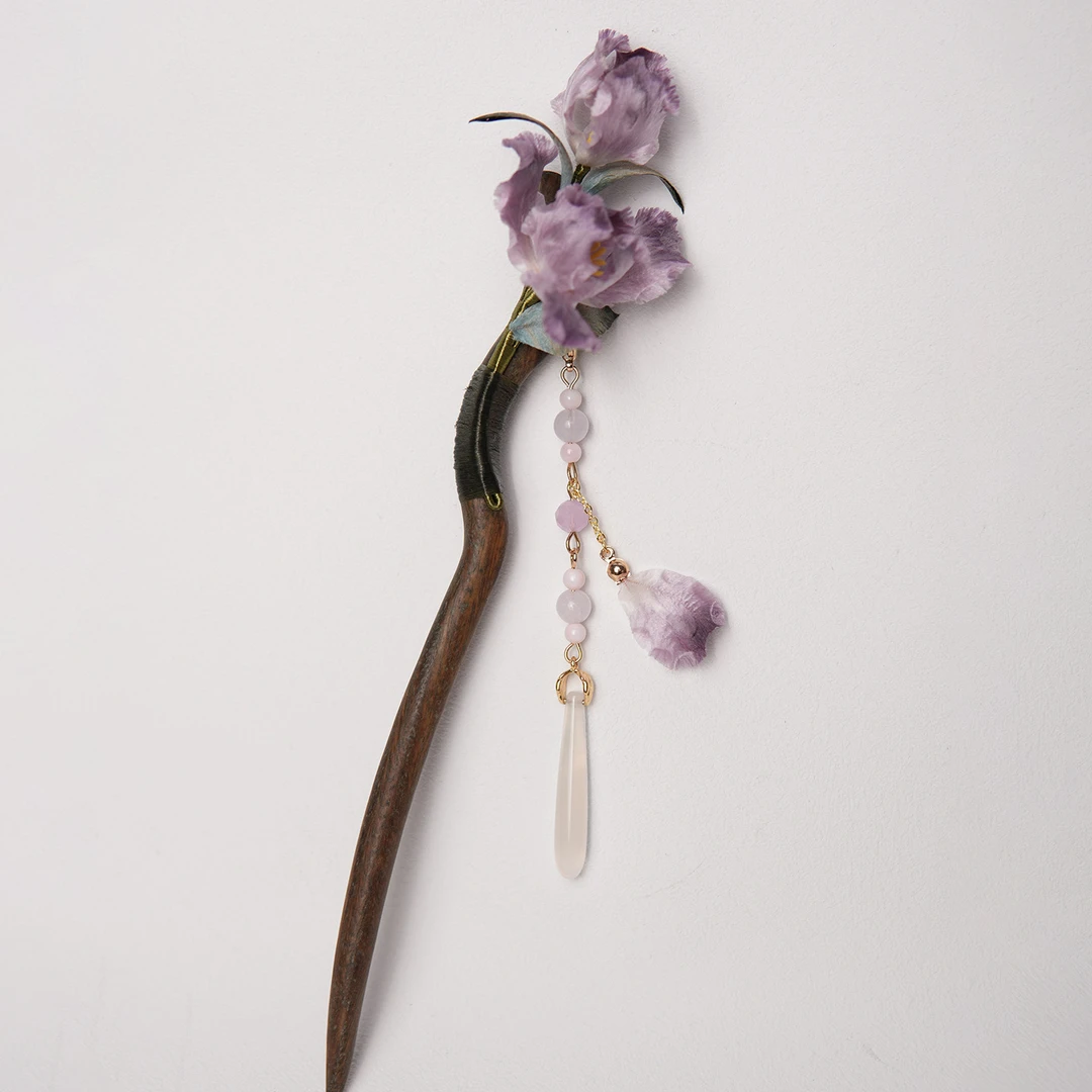 绒艺『鸢尾』非遗绒花发簪新中式古风发饰中国风步摇发钗檀木簪子