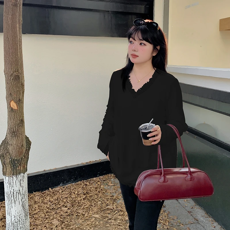 【霏霏推荐】2024秋冬新款大码胖妹妹韩版V领蕾丝拼接T恤-L327