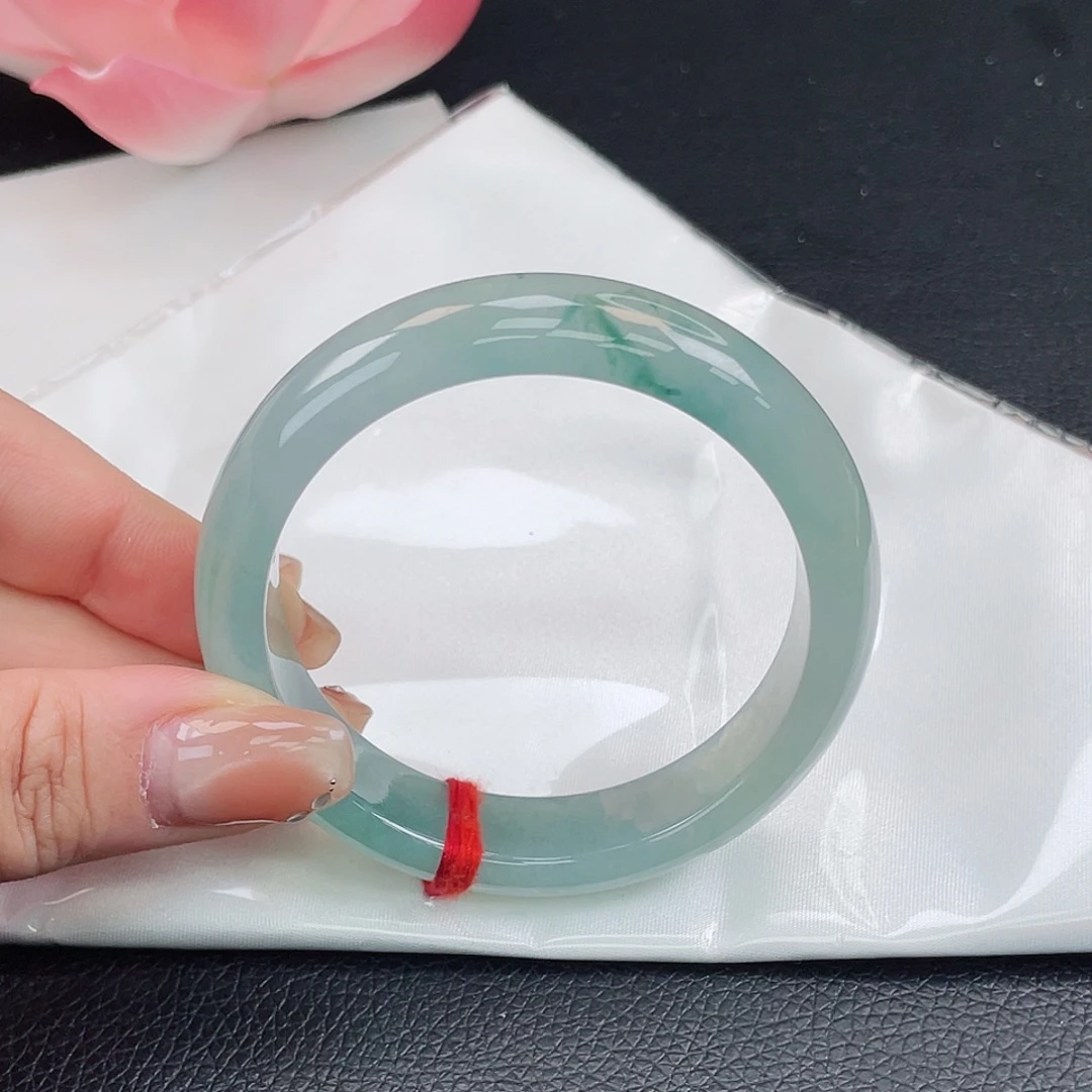 翡翠未镶嵌手镯57正圈冰绿飘花