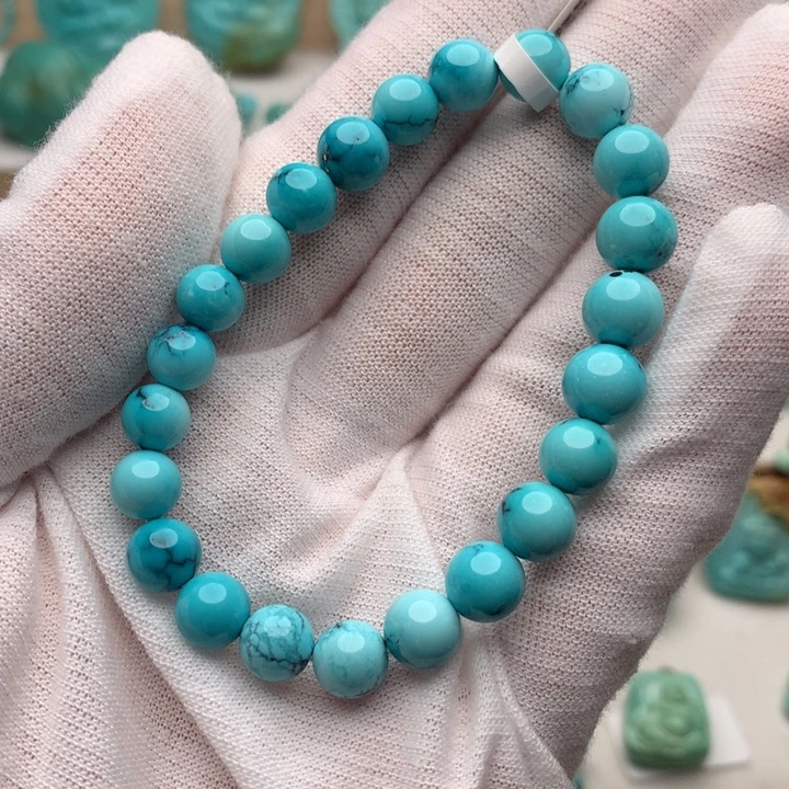 绿松石未镶嵌珠宝奇石高瓷蓝水草纹圆珠手串7.5mm