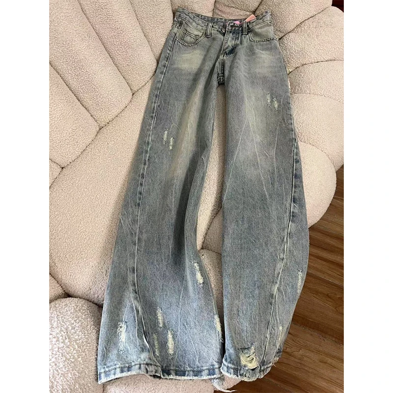 大码磨破线条设计感破洞牛仔裤女夏季新款复古直筒休闲辣妹阔腿裤