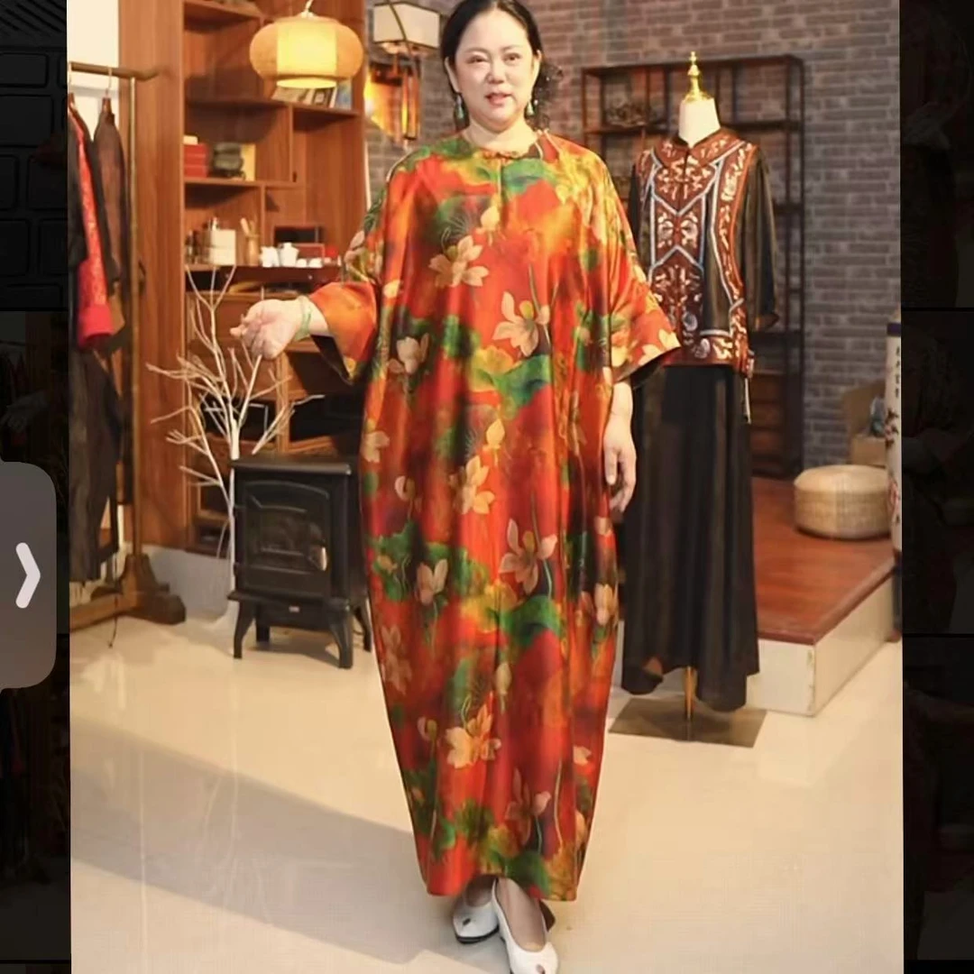 100桑蚕丝香云纱重缎别样红大长袍连衣裙显瘦