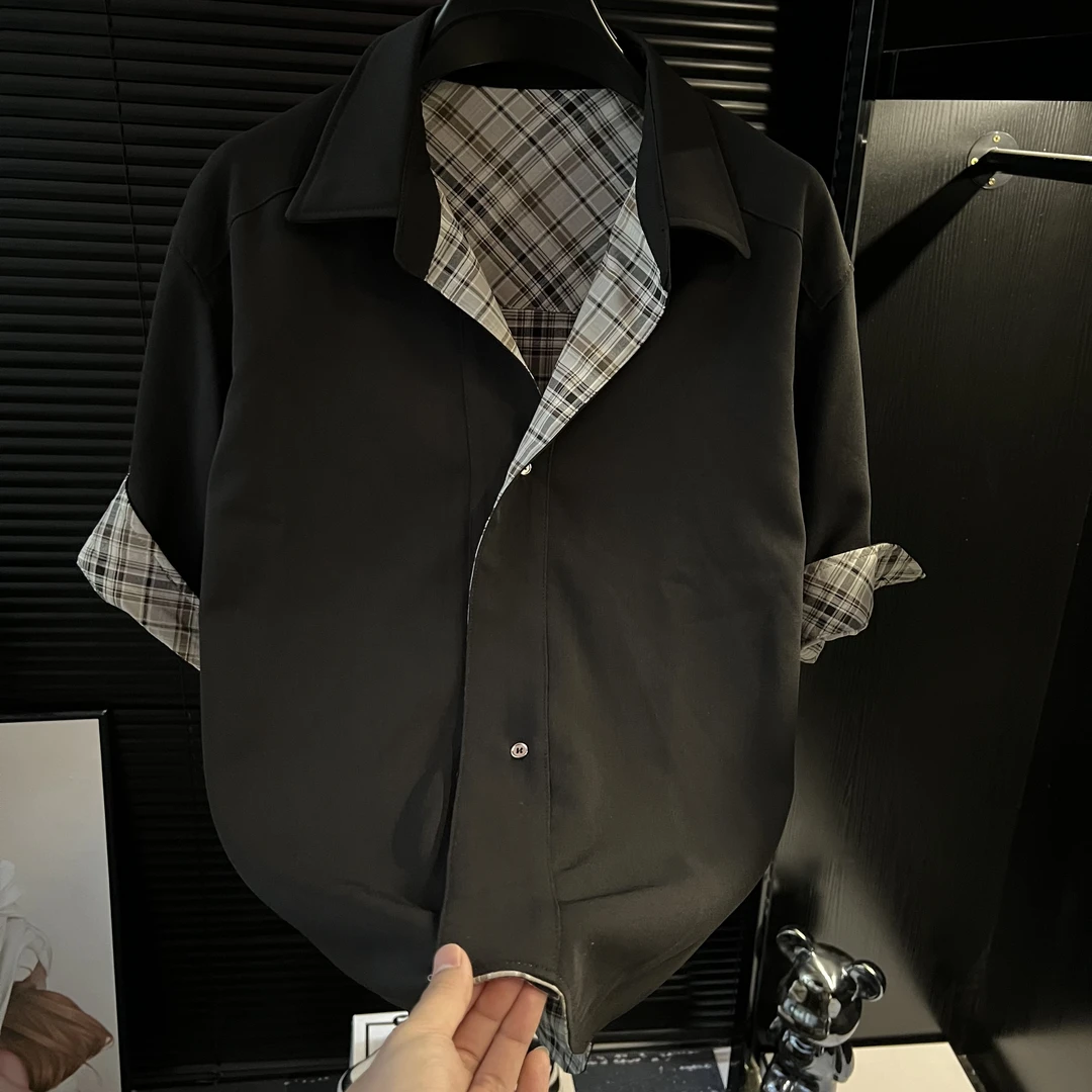 H-2025夏季新款大翻领俩面穿男士短袖衬衫设计感百搭格子潮衬衣