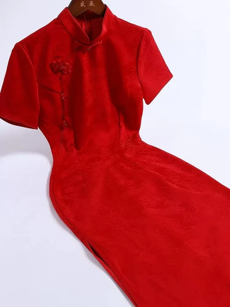 0527 红色 【红珠】 一字三耳扣 暗纹提花 旗袍
