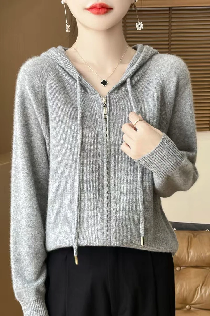 连帽拉链针织开衫女款百搭时尚外套370