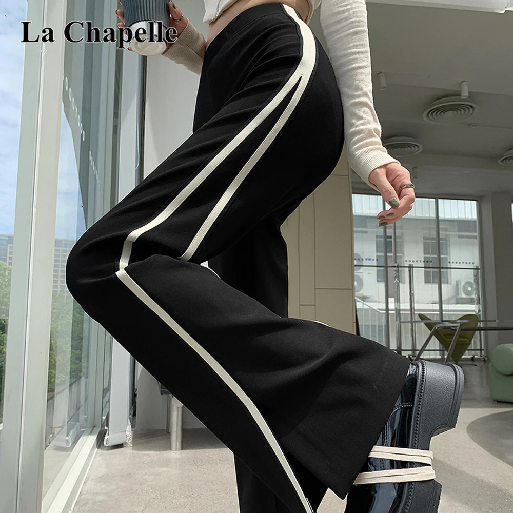 拉夏贝尔2025秋冬西装裤窄版阔腿高腰微喇叭直筒开叉加绒运动裤女