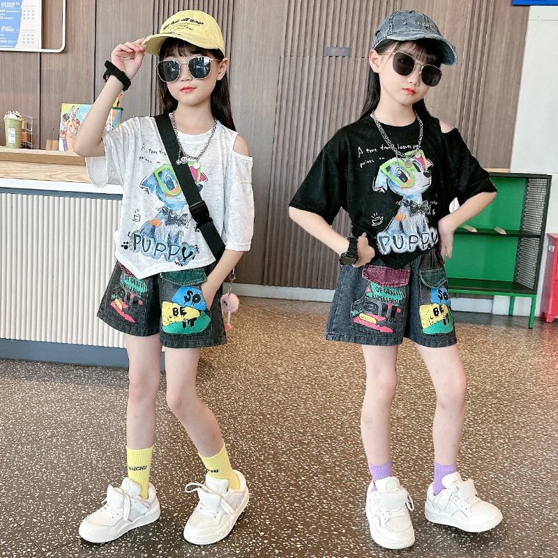 女童夏季套装2025新款时髦儿童牛仔短裤潮短袖两件套小女孩酷夏装