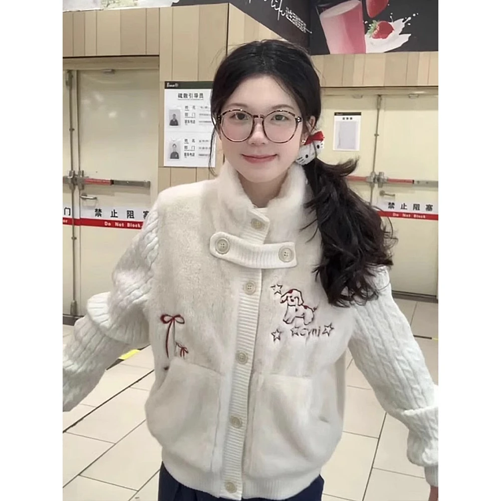 白色立领毛衣拼接棉服外套女秋冬季小个子奶呼呼加厚棉衣