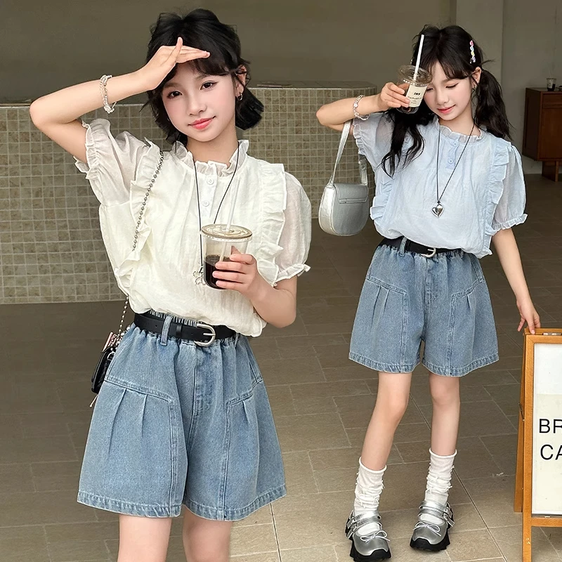 女童夏季韩版休闲娃娃衫短袖套装女大童洋气儿童夏装薄款牛仔短裤