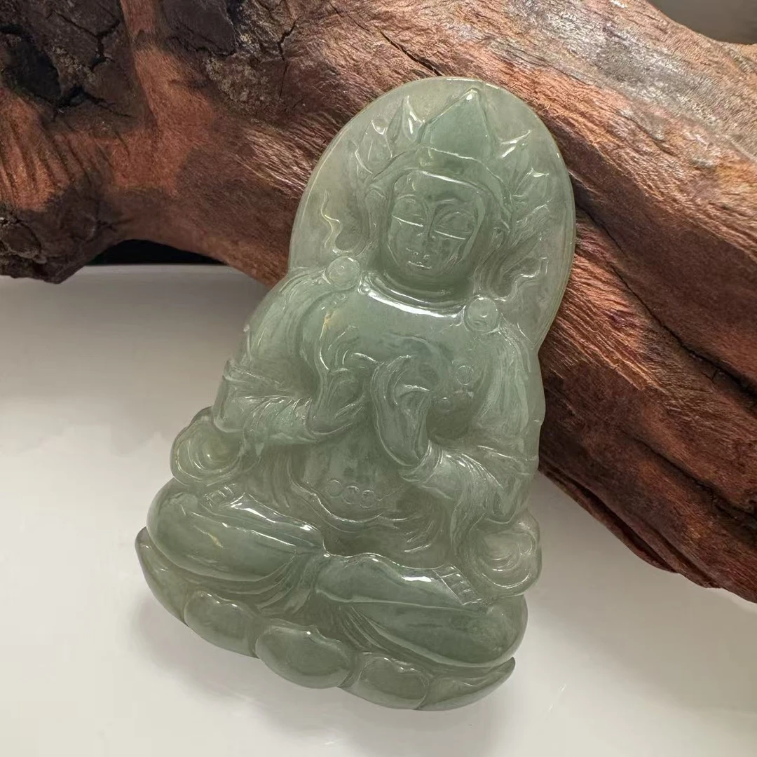 天然缅甸翡翠A货冰油青观音吊坠百搭挂件