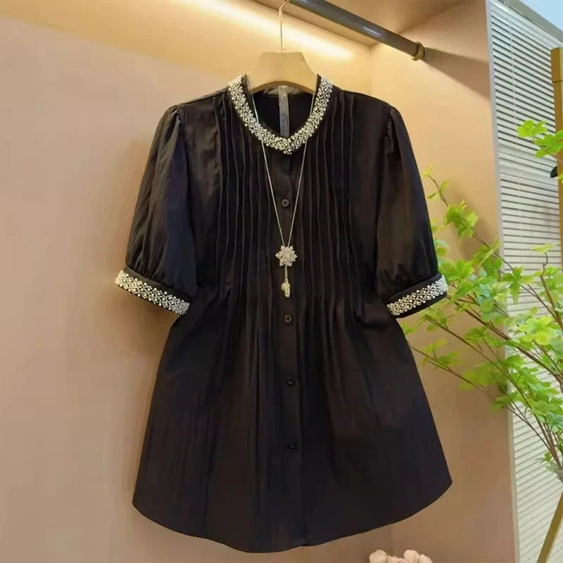 高级感黑色收腰短袖衬衫女2025夏季大码胖mm遮肚重工钉珠小衫上衣