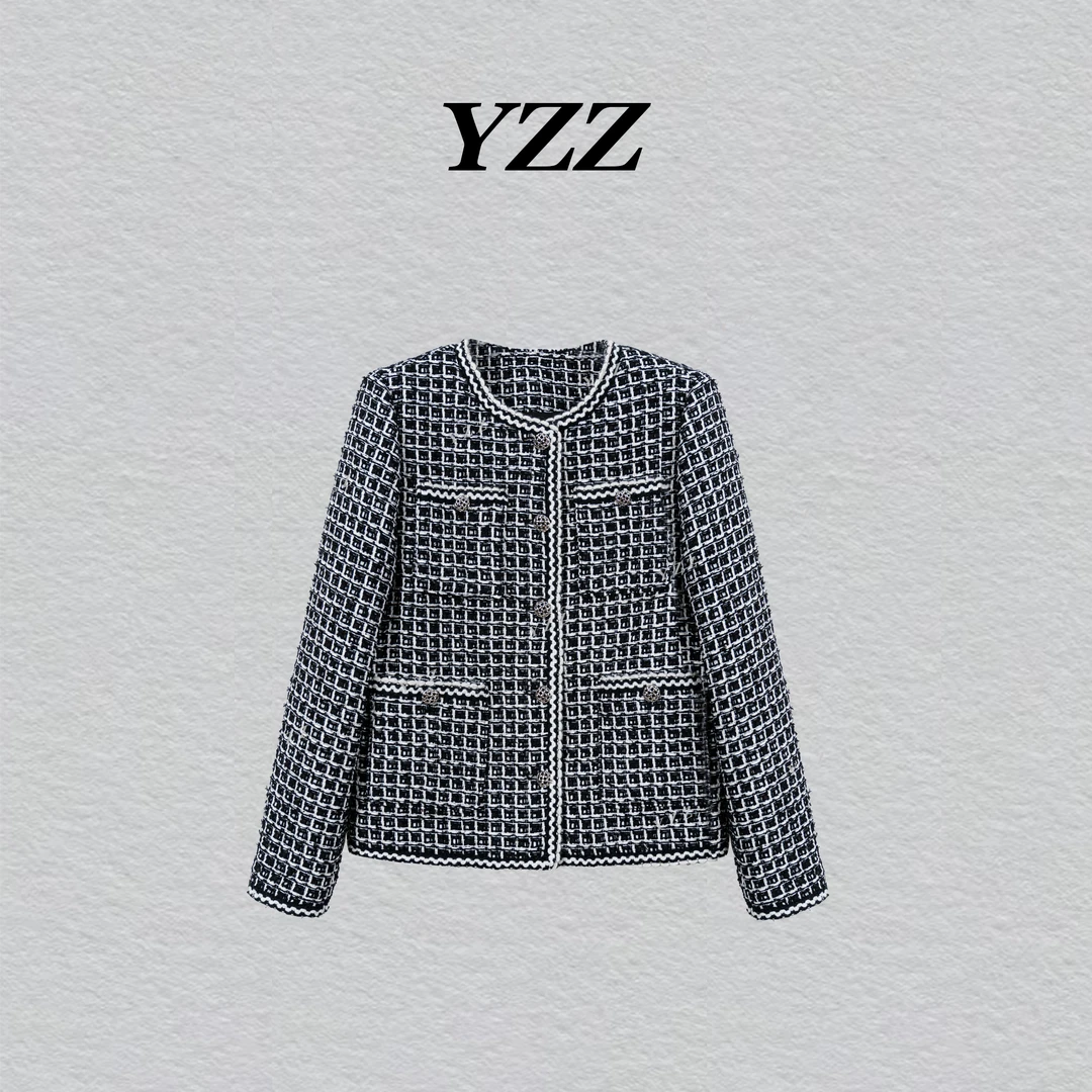 YZZ “晚宴”小香风外套女短款洋气无领格子 810722
