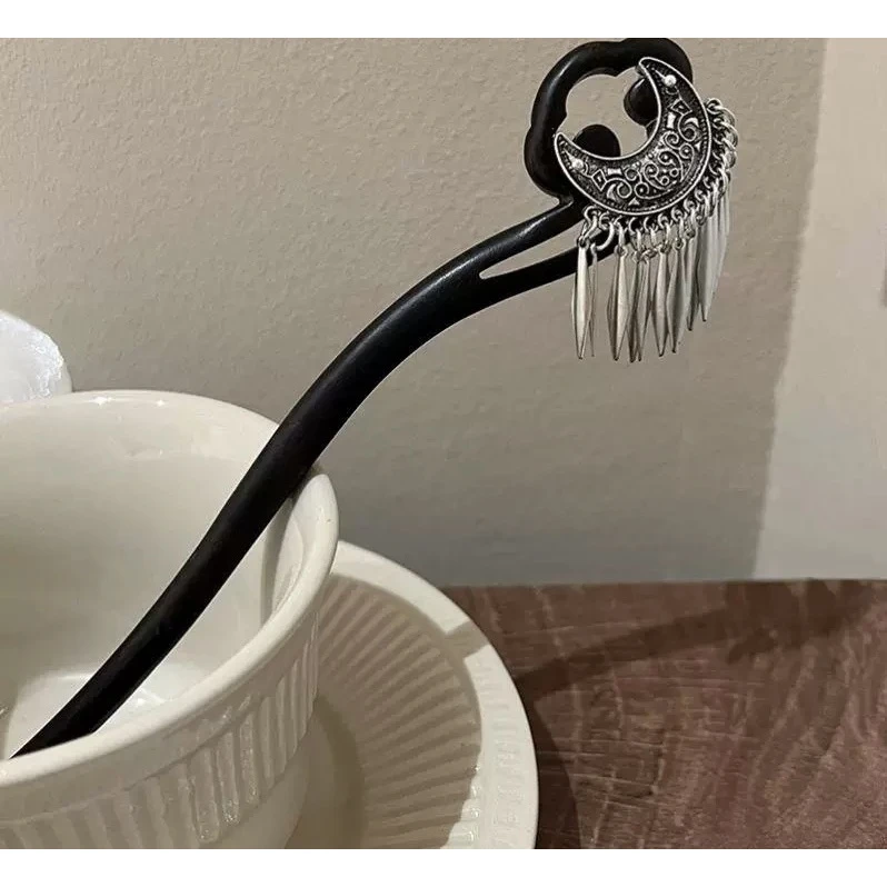 A古风月牙流苏盘发发簪女汉服旗袍头饰木质发钗气质高级感1198