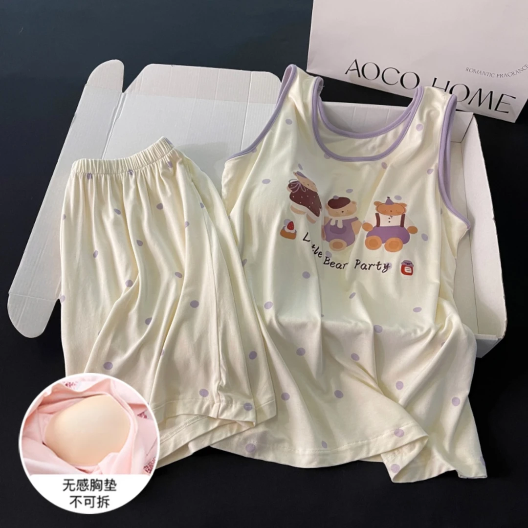 夏季睡衣女韩版可外穿背心短裤大码凉感带胸垫家居服圆点卡通套装