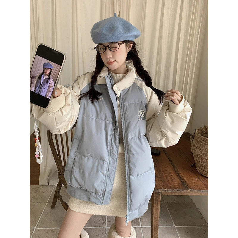 2025冬季新款拼接短款条纹棉服外套女宽松加厚休闲面包服棉衣棉袄