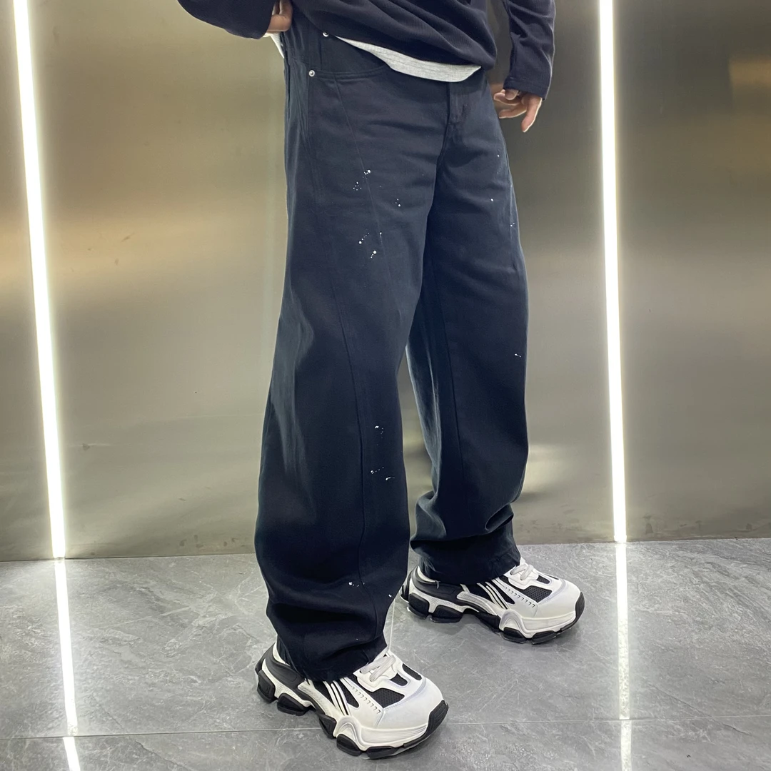 美式重磅弯刀裤立体裁剪油漆点松紧腰宽松休闲潮流牛仔裤香蕉裤