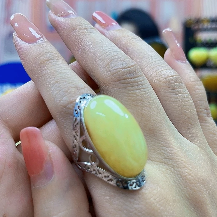 琥珀银S925镶嵌颈饰戒指