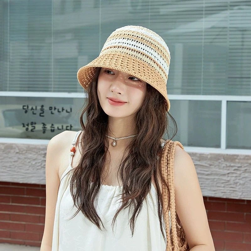 条纹镂空显脸小水桶帽女士夏款透气盆帽防晒遮阳ins透气遮阳盆帽