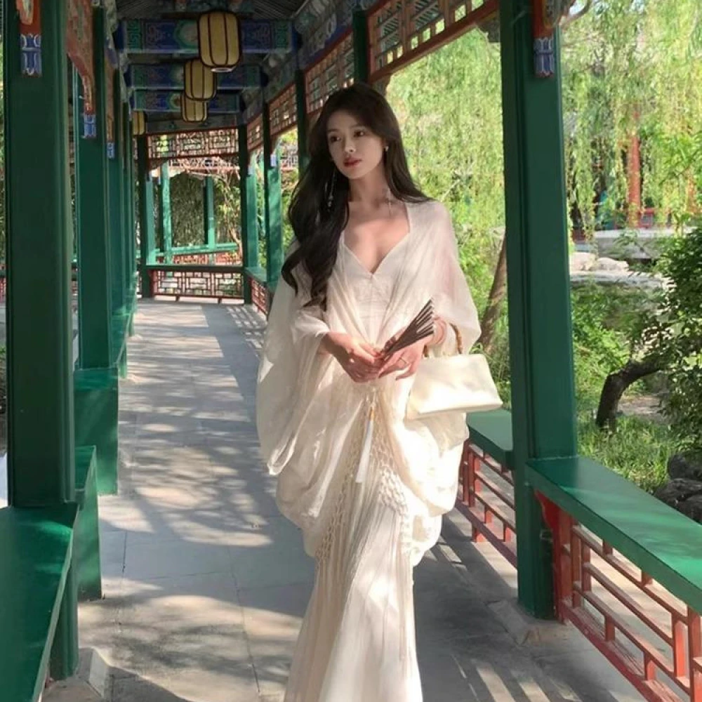 禅意风套装白色新中式女装苏州穿搭披肩连衣裙晨袍云南大理长裙春