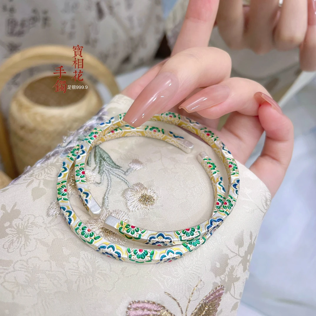 足银手镯 银手镯女开口描金宝相花纯银9999开口实心珐琅彩银镯子