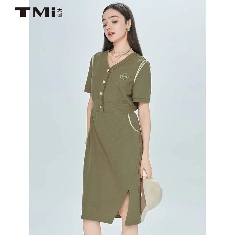 天谜连衣裙拼接V领透气开叉休闲裙装2025夏季女装TMi242088