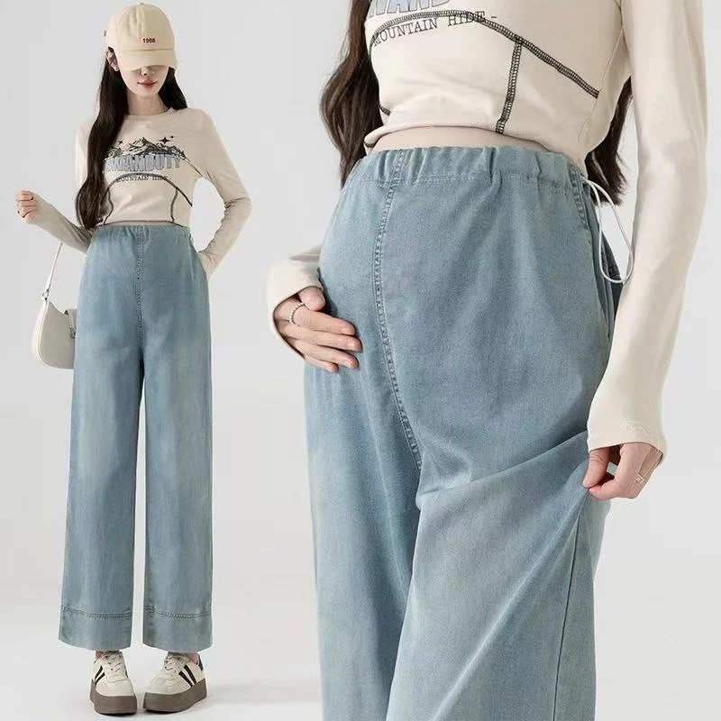 孕妇装2025春秋季时尚抽绳九分直筒阔腿宽松孕妇牛仔裤小个子夏款