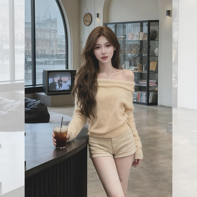 独特漂亮内搭露肩小衫女装韩系秋冬一字肩打底针织衫洋气高贵上衣