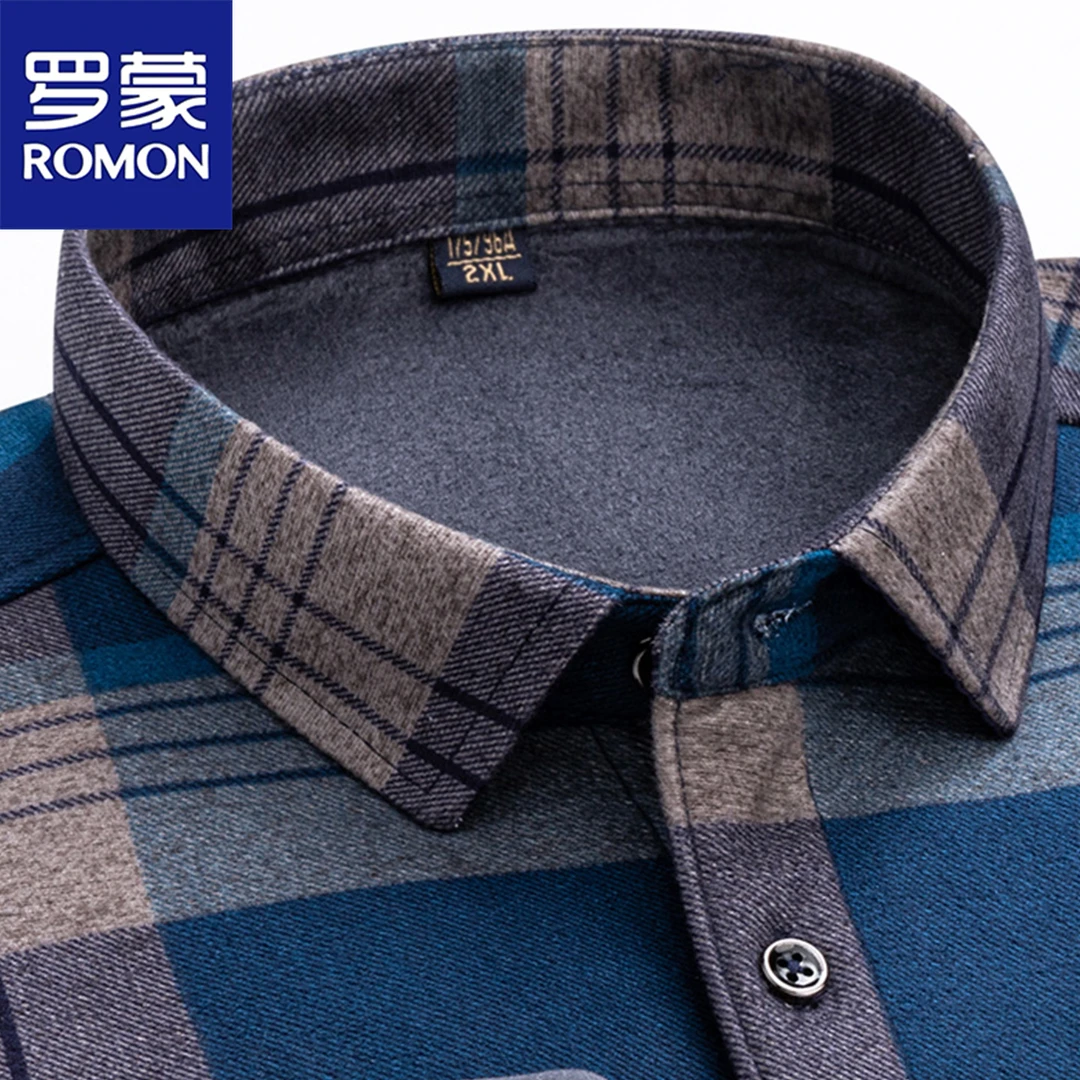 罗蒙爸爸轻奢高品质长袖保暖衬衫男加绒加厚商务休闲格子衬衣外套