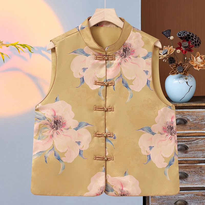 欧洲站国风新中式黄色印花马夹女春季新款立领盘扣时尚马夹坎肩女