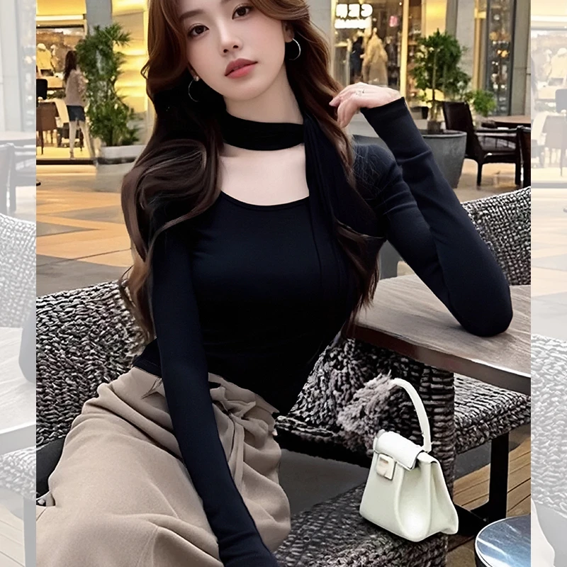 辣妹名媛风方领露锁骨长袖打底衫女秋冬新款纯欲显瘦围巾挂脖上衣