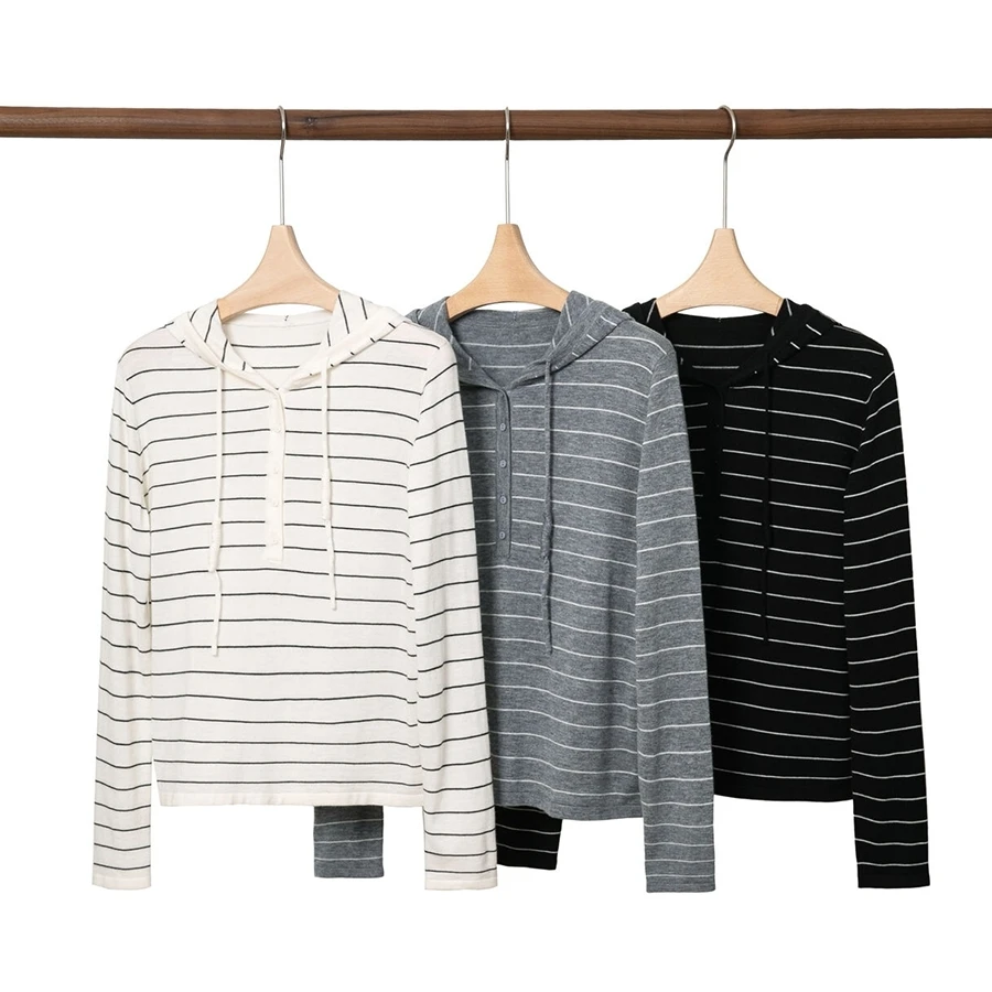 2025新款可机选条纹针织16针48支羊毛混纺半开领连帽抽绳条纹针织