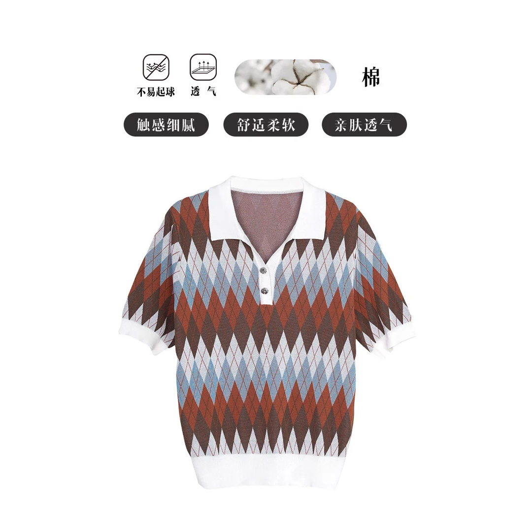 专柜品设计感彩色菱形格针织衫女夏薄款翻领撞色棉短袖Polo衫上衣
