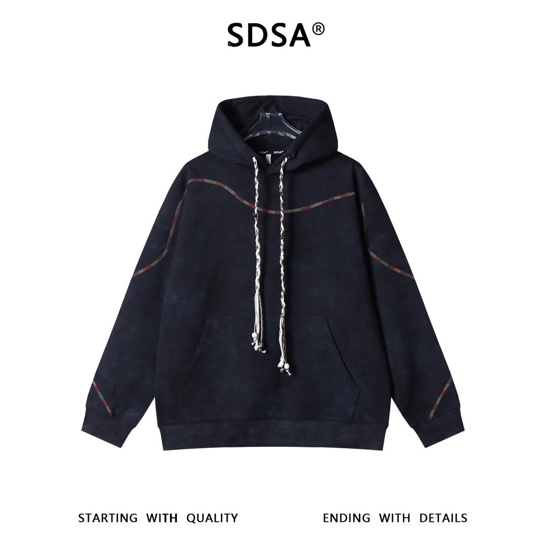 SDSA男士秋冬新款痞帅男装简约扎染彩色缝线抽绳连帽卫衣百搭时尚