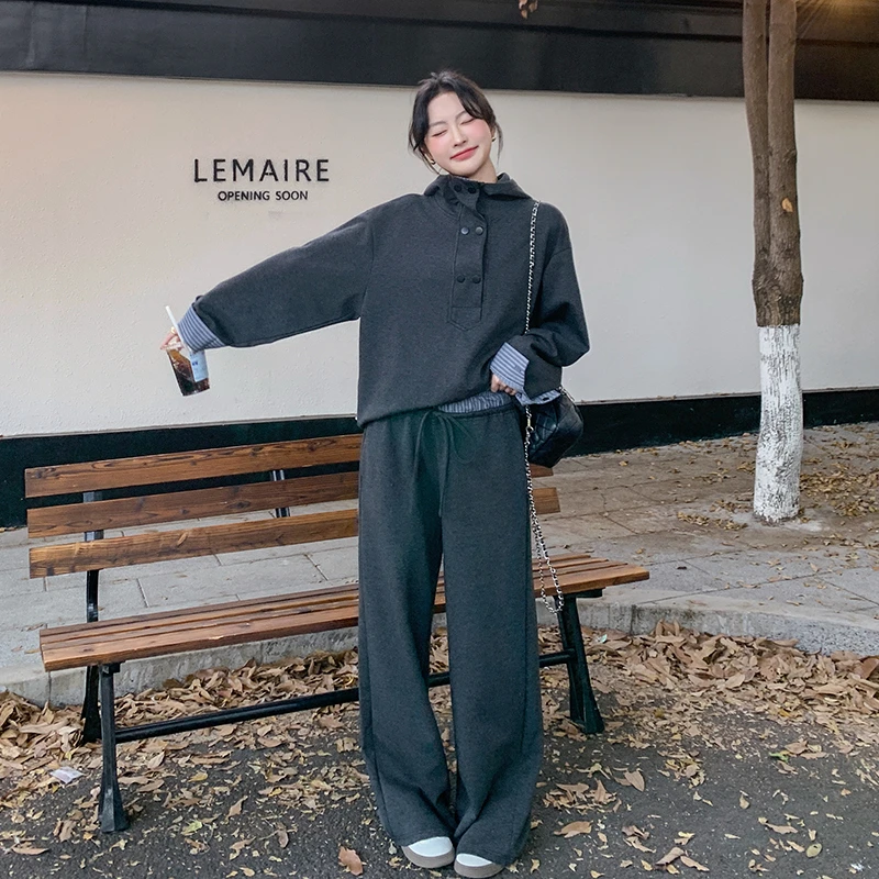 灰色条纹拼接连帽卫衣套装女2025春季新款高腰阔腿裤休闲两件套