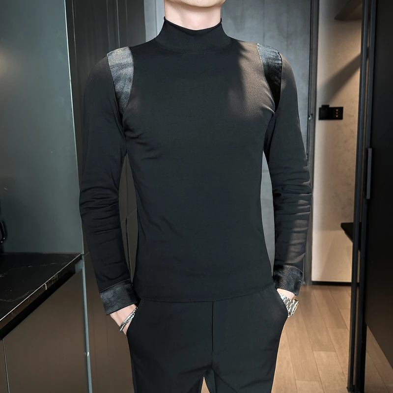 新款男士半高领打底衫高级感秋冬季轻奢痞帅潮流休闲加绒长袖内搭