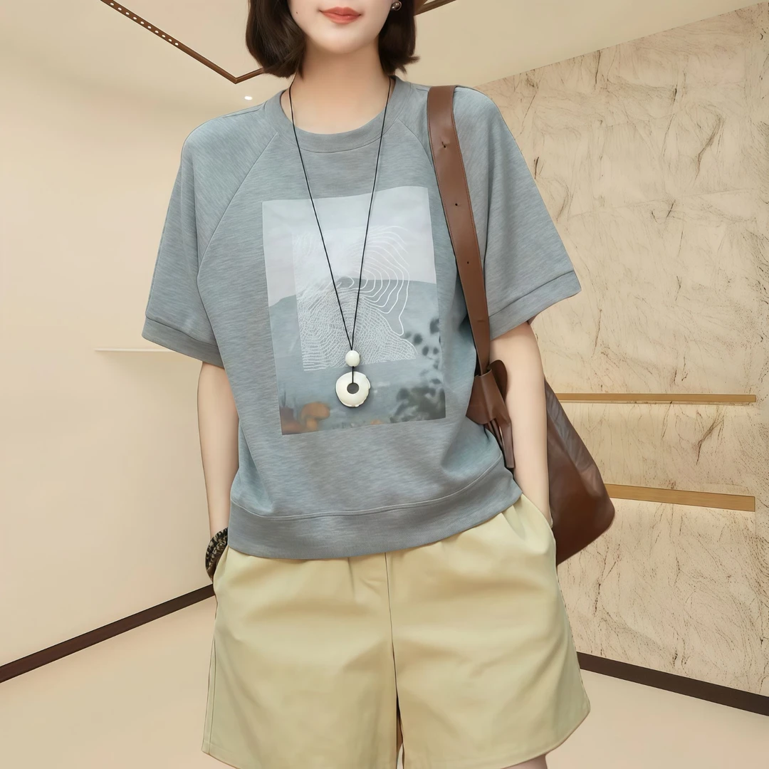 2025夏季新款时尚印花宽松显瘦T恤圆领短袖百搭休闲气质韩版上衣