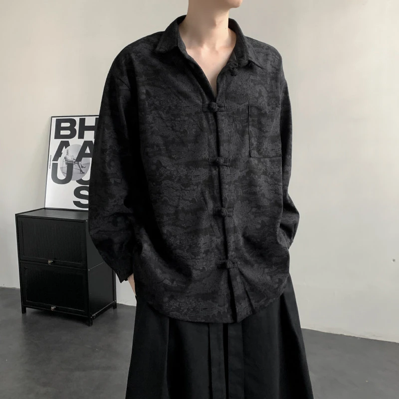 新中式诘襟唐装男秋冬季中国风提花灯芯绒长袖衬衫宽松高级感外套