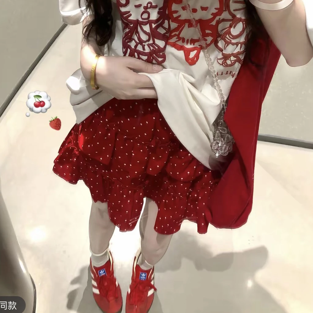 大码韩系穿搭红色爱心波点短裙蛋糕裙夏季甜美蓬蓬a字半身裙女