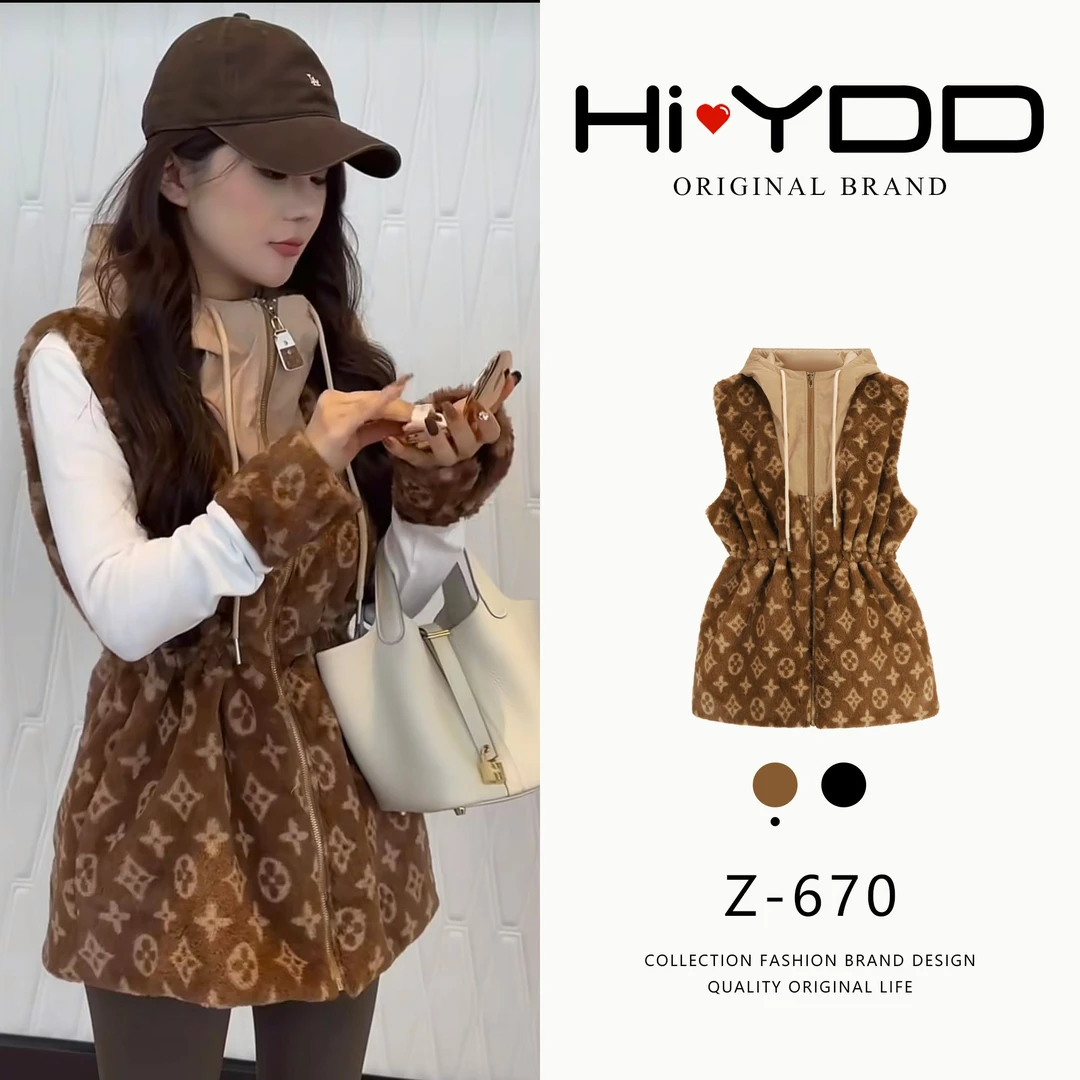YDD•「Z-670」冬季韩系氛围老钱高级毛感无袖连帽保暖外套XZ-6053