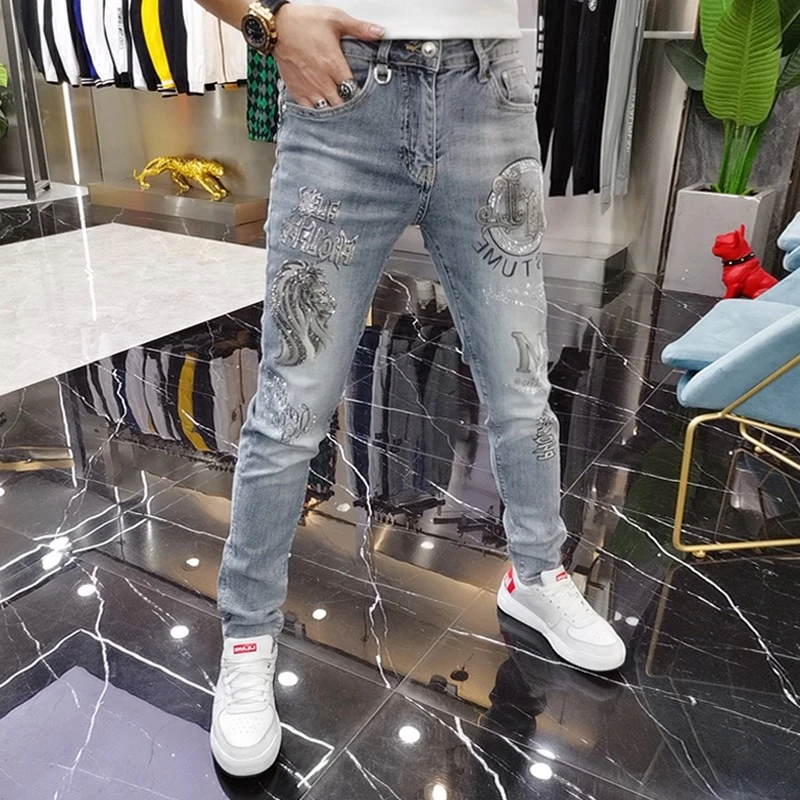 烫钻休闲春夏磨白修身牛仔裤破洞时尚长裤修身九分裤