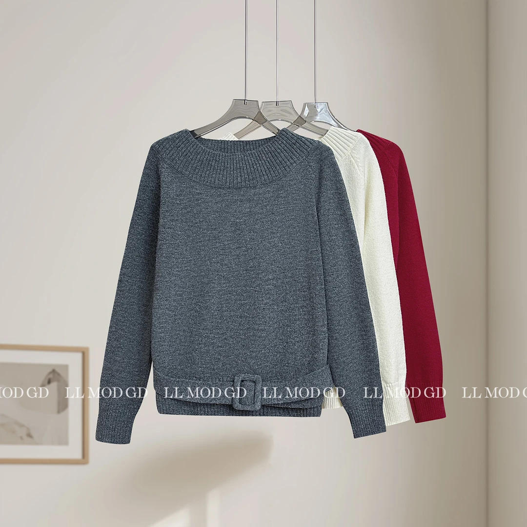 素序日常 设计感腰带简约气质圆领套头百搭针织衫上衣LL-6201229