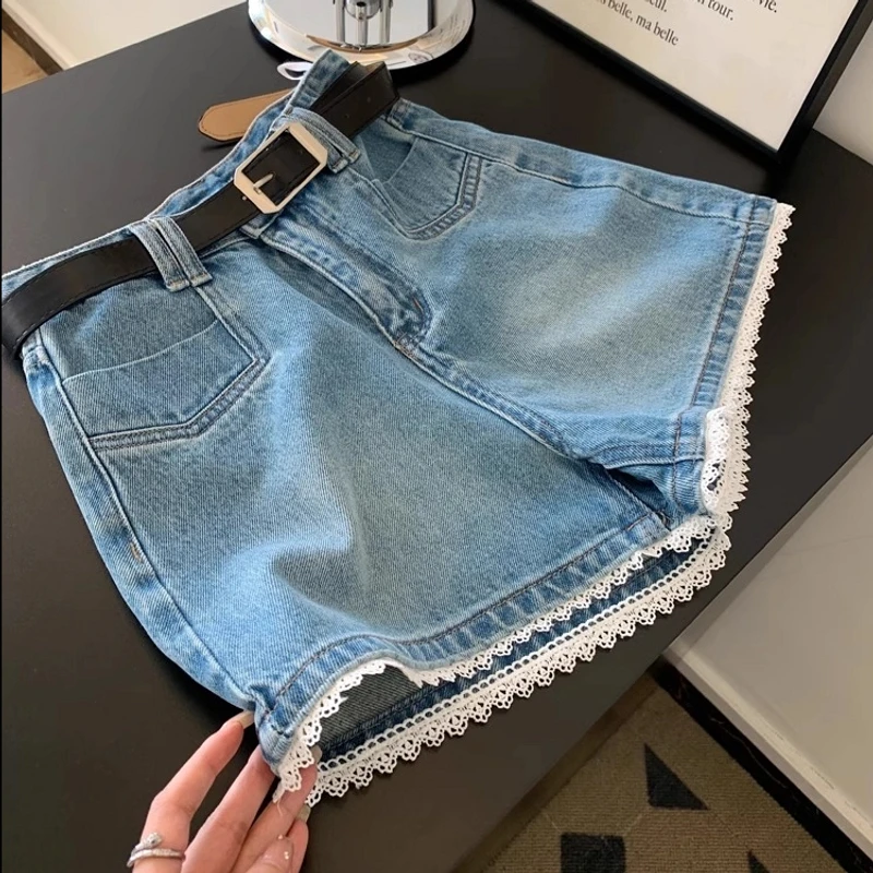 韩系蕾丝花边牛仔短裤女2025春夏新款小个子高腰显瘦a字休闲短裤