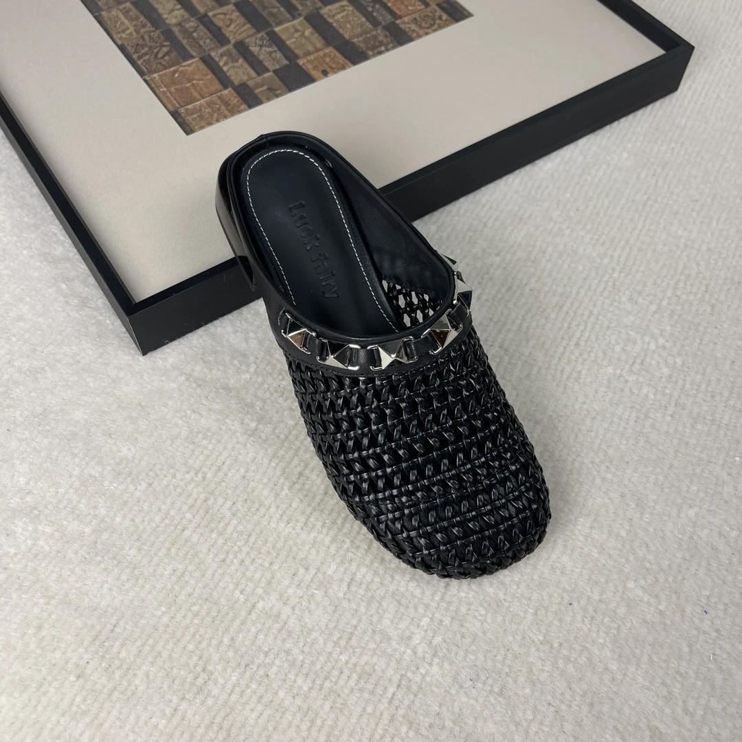 纯色平跟编织粗跟低跟包头拖小众日常通用夏季白搭H588